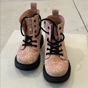 art class Pink Floral Lace-Up Combat Boots with Black Soles